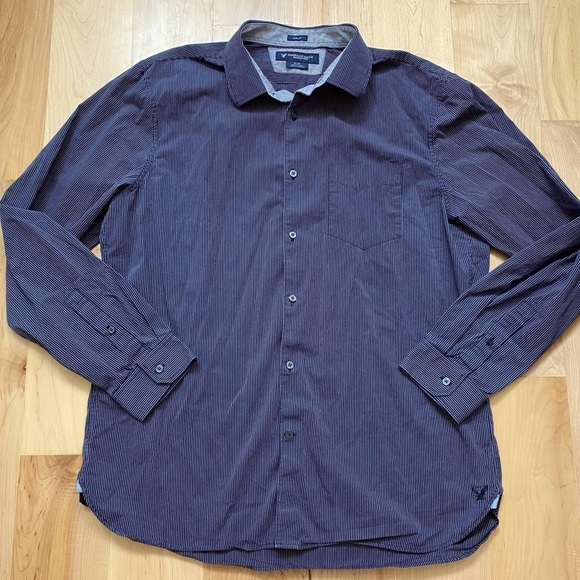 American Eagle Gray/Navy Striped Slim Fit Long Sleeve Button Down Collared Shirt - Picture 1 of 8